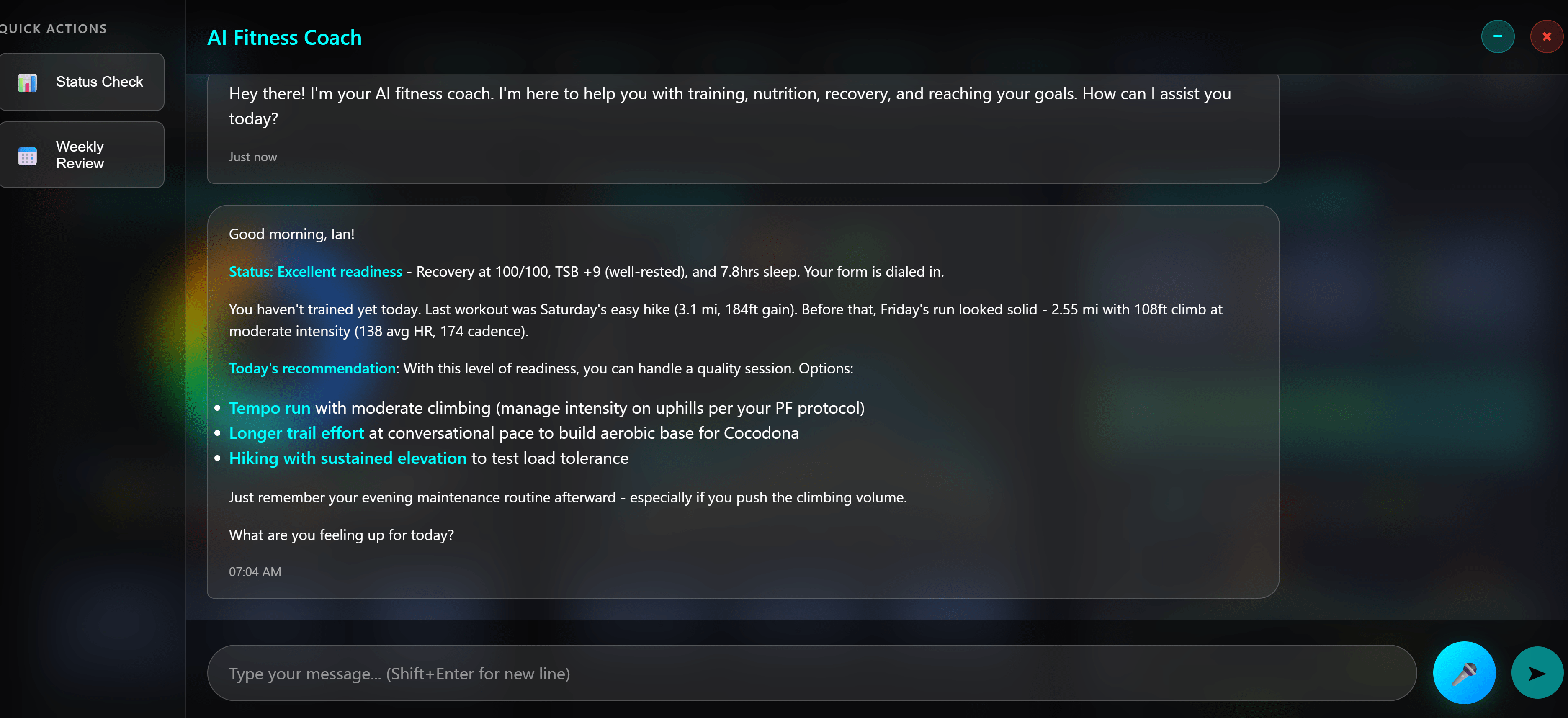 Fit PA AI Coach - Chat interface